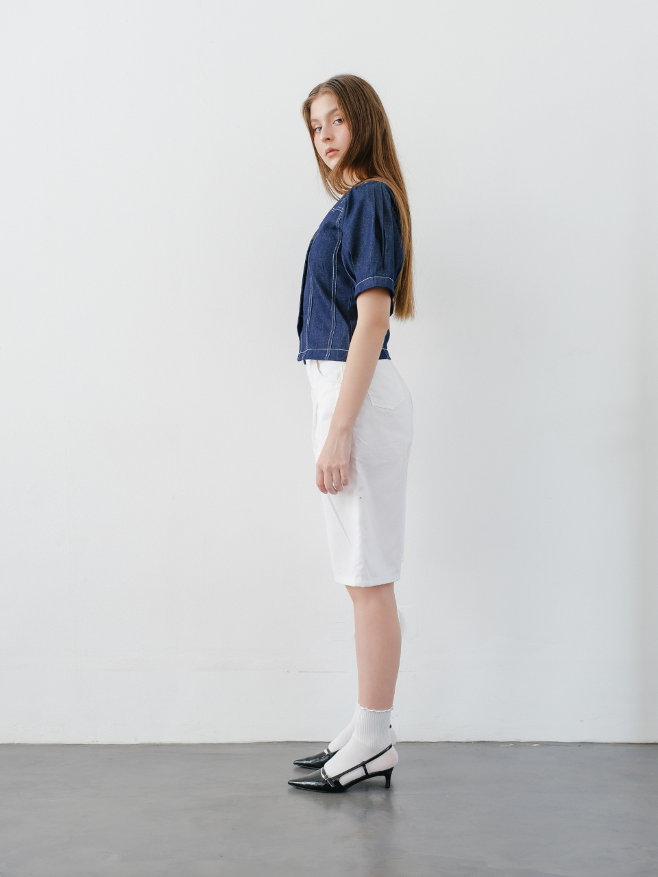 Nixie Button Puffy Denim Top