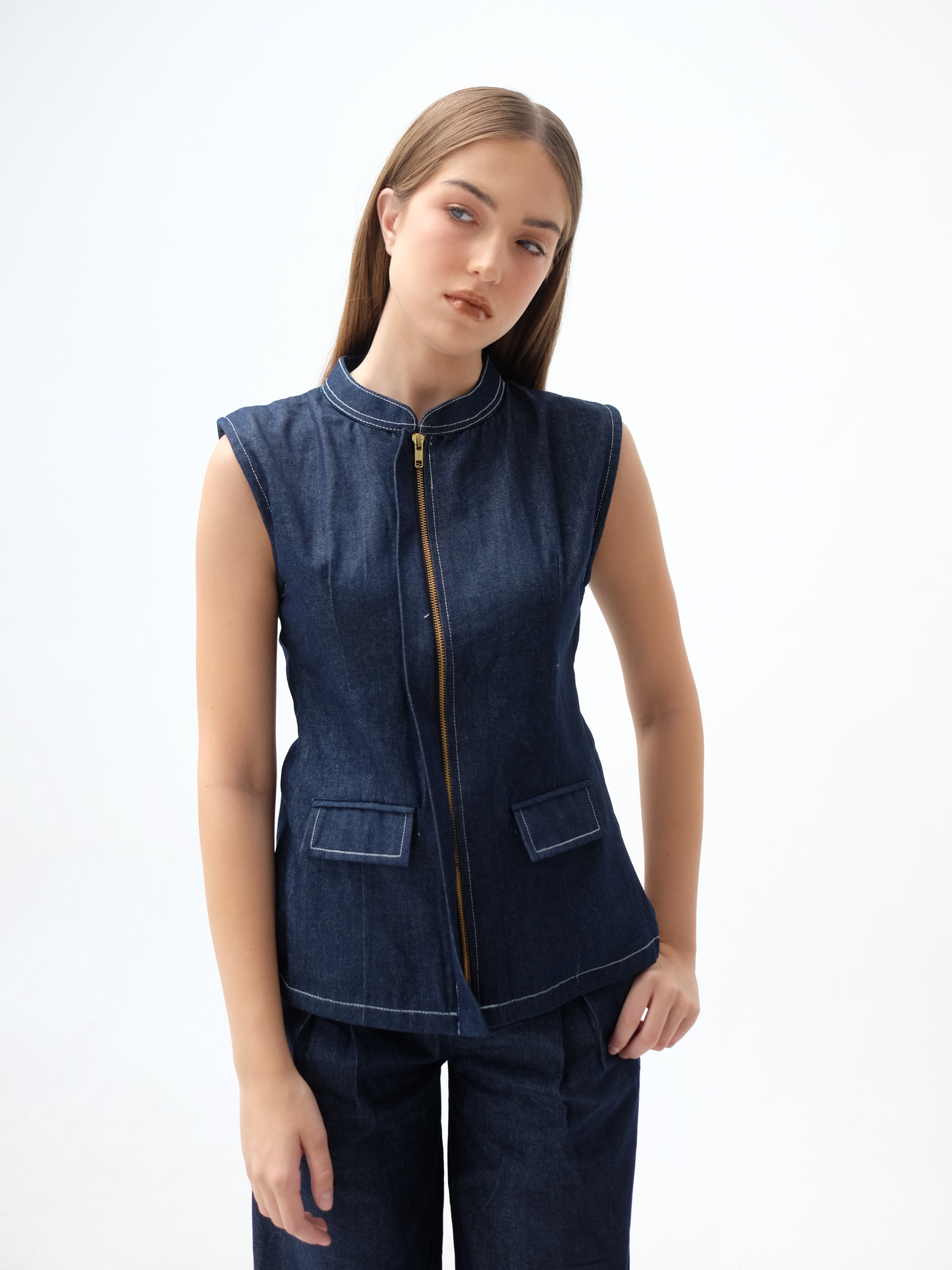 AUCTUS - Olive Denim Zipper Top