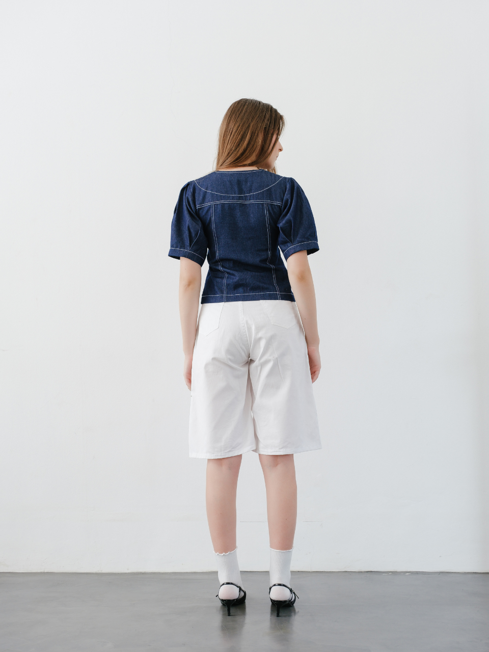 Nixie Button Puffy Denim Top