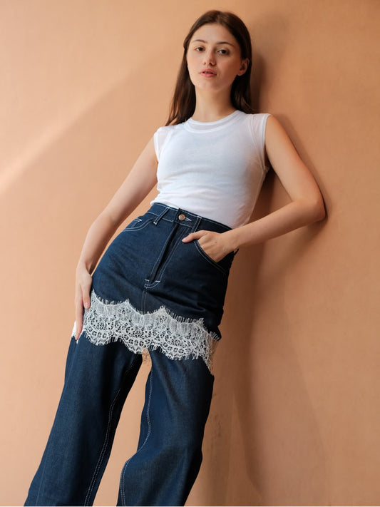 AUCTUS - Luca Lace Overlay Denim Pants